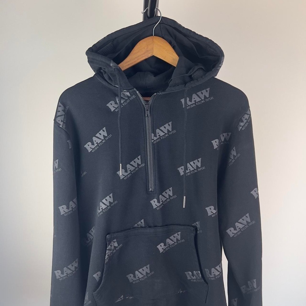 RAW Rolling Papers RAWlers Black All Over Print Quarter-Zip Tech Hoodie Men's XL